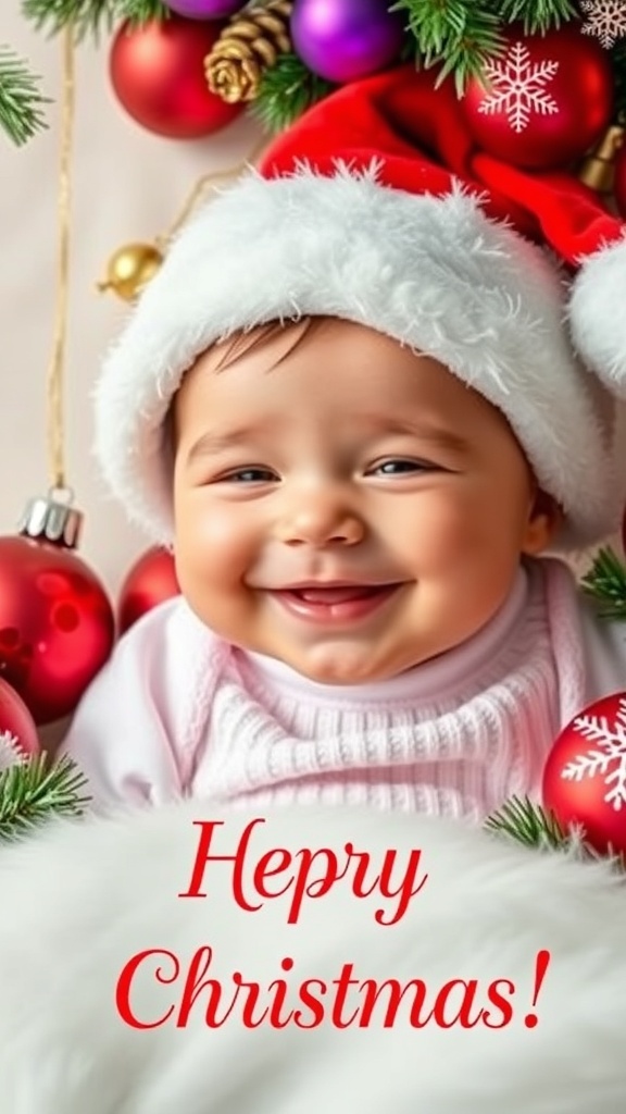 A Christmas card with a baby in a Santa hat and holiday decorations.
